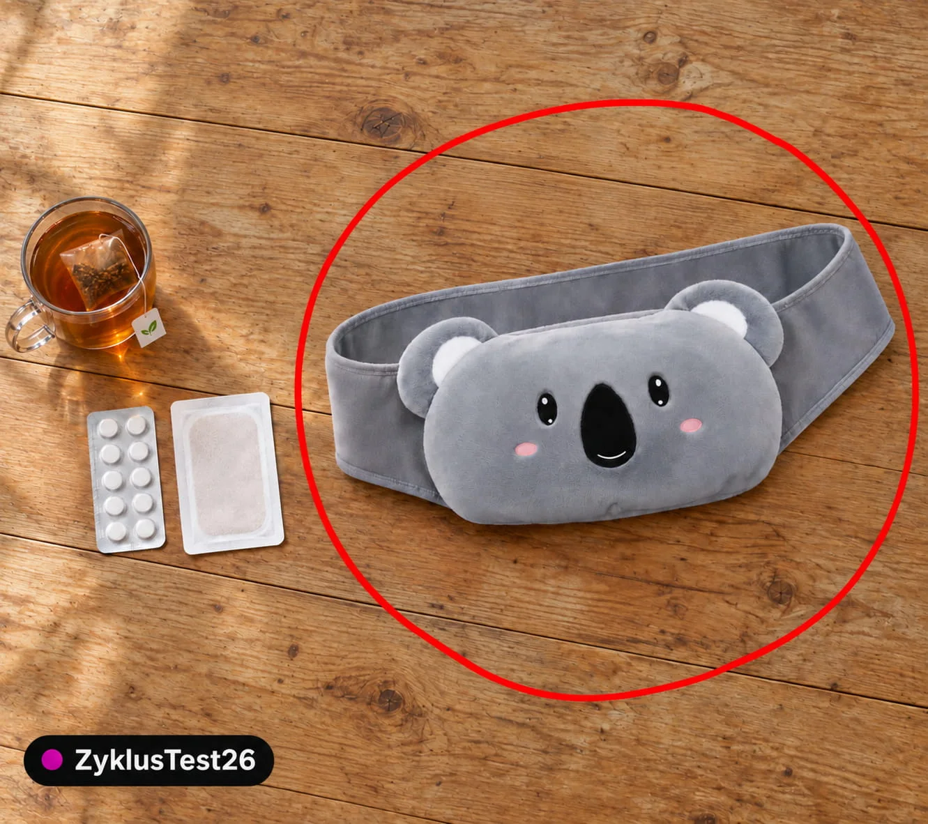 BauchWohl™ Wärmegürtel rot eingekreist neben Tee, Tabletten und Wärmepflaster